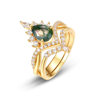 Verdant Crown · Pear Cut Moss Agate Bridal Ring Set