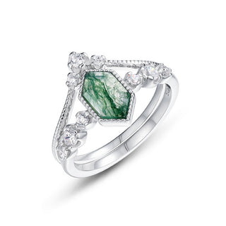Enchanted Grove · Hexagon Cut Moss Agate Bridal Ring Set