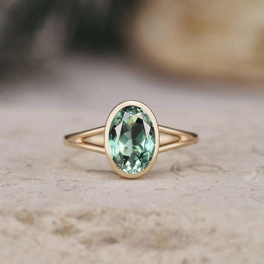 Oval Cut Lab Teal Sapphire Engagement Ring